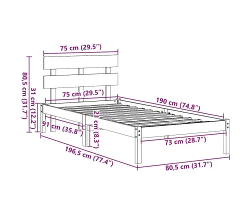 Gultas Rāmis Ar Galvgaldiņu Balts 75X190 Cm Cietas Koka Priedes Vidaxl