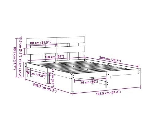 Voodi Raam Peaga Pruun 160 X 200 Cm Männipuit