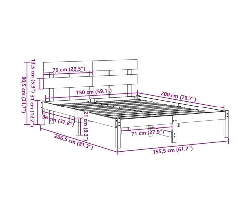 Gultas Rāmis Ar Galvgali 150X200 Cm Cieta Koks Priede Vidaxl