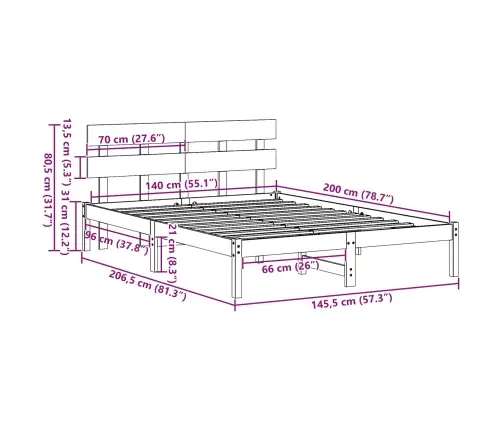 Voodi Raam Peaga Pruun 140 X 200 Cm Männipuit