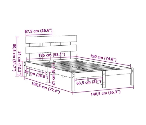 Gultas Rāmis Ar Galvas Balstu Vaska Brūns 135X190 Cm Masīvkoka Priede Vidaxl