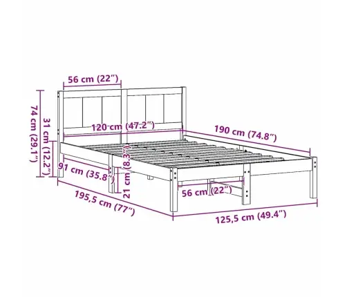 Lovos Rėmas Balta 120 X 190 Cm Pušies Medienos Masyvas