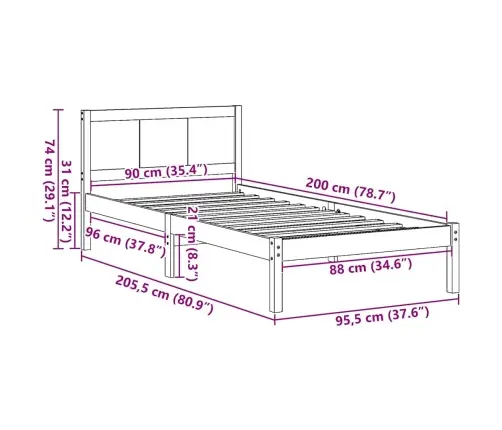 Viens Priedes Koka Gultņu Rāmis Dabīgs Cieta Priede 90 X 200 Cm Vidaxl