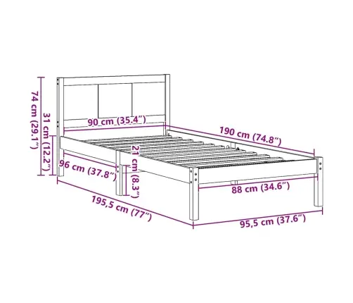 Voodi Raam Pruun 90 X 190 Cm Männipuit