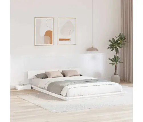 Grīdas Gultas Rāmis Ar Nakts Galdiem Balts 140X200Cm Masīvkoka Vidaxl
