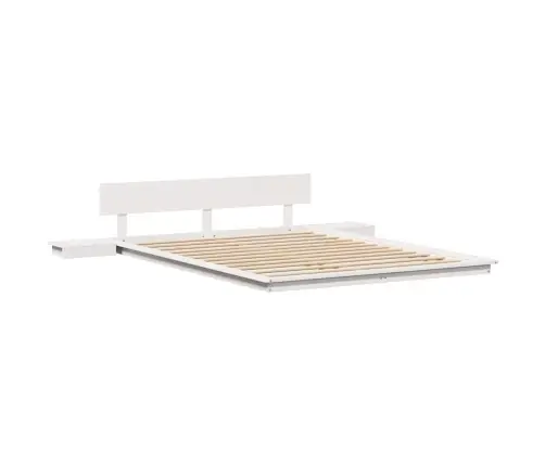 Grīdas Gultas Rāmis Ar Nakts Galdiem Balts 140X200Cm Masīvkoka Vidaxl