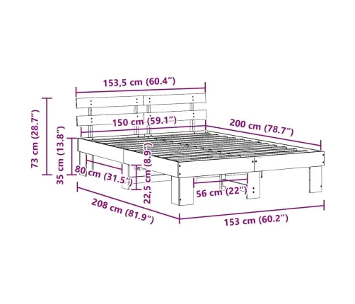 Gultas Rāmis Ar Galvgali 150X200 Cm Cieta Priedes Koks Vidaxl