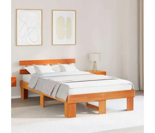 Gultas Rāmis Ar Galvas Dēli Vaska Brūns 140X190 Cm Cieta Koka Priede Vidaxl