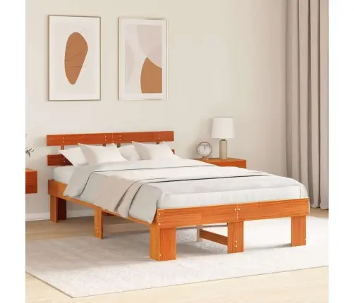 Gultas Rāmis Ar Galvas Dēli Vaska Brūns 140X190 Cm Cieta Koka Priede Vidaxl
