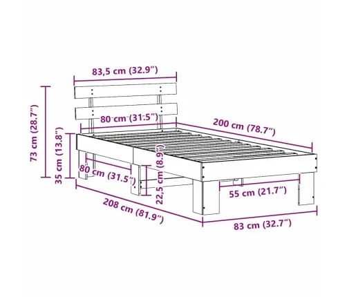 Gultas Rāmis Ar Galvgalu 80X200 Cm Cieta Priede Vidaxl