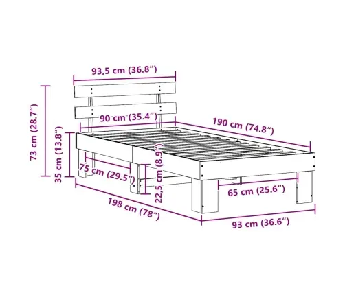 Gultas Rāmis Ar Galvgali 90X190 Cm Cieta Koka Priežu Vidaxl