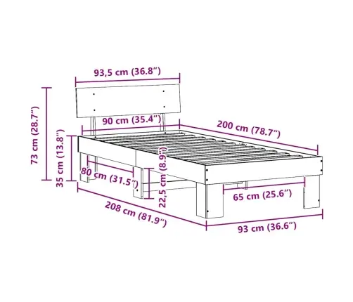 Lovos Rėmas Natūrali 90 X 200 Cm Kietos Pušies Mediena