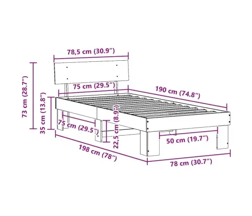 Gultas Rāmis Ar Galvas Klāju Balts 75 X 190 Cm Masīvkoka Priede Vidaxl