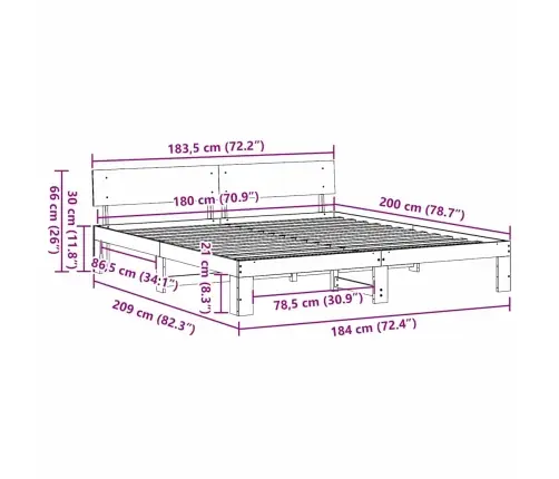 Gultas Rāmis Ar Galvgali Vaskotā Brūnā Krāsā 180X200 Cm Cieta Priedes Koka Vidaxl