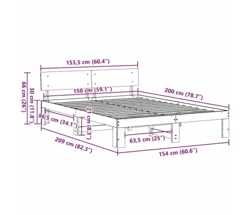 Gultas Rāmis Ar Galvgali 150X200 Cm Cieta Priežu Koka Vidaxl