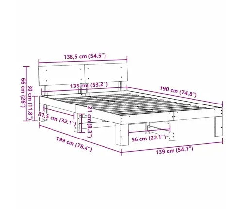 Gultas Rāmis Ar Galvgali Vaskota Brūna 135X190 Cm Cieta Priedes Koks Vidaxl