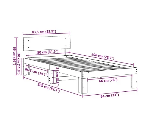 Voodi Raam Peaga Valge 80 X 200 Cm Tahke Mänd
