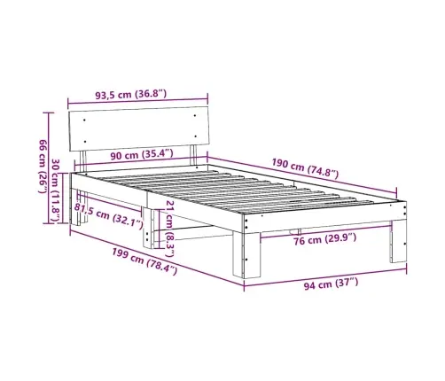 Gultas Rāmis Ar Galvas Balstu Vaskota Brūna 90X190 Cm Masīvkoka Priede Vidaxl