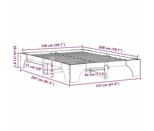 Gultas Rāmis, Balts, 150 X 200 Cm, No Masīvkoka Priedes Vidaxl
