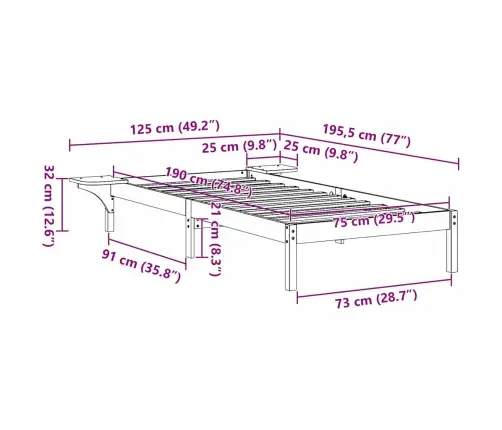 Lovos Rėmas Balta 75 X 190 Cm Kietos Pušies Mediena