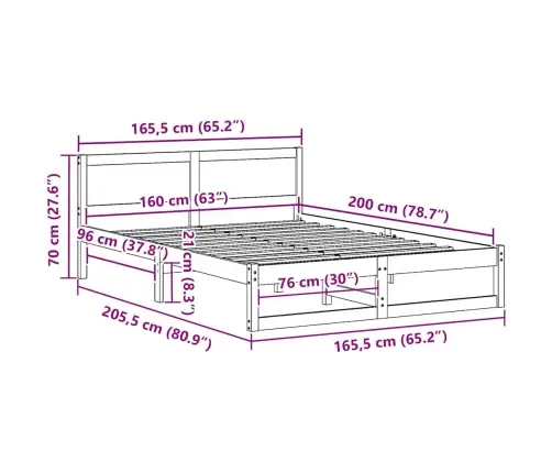 Lovos Rėmas Balta 160 X 200 Cm Kietos Pušies Mediena