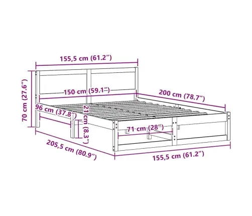 Gultas Rāmis Balts Cietais Koks 150 X 200 Cm Izturīgs Vidaxl