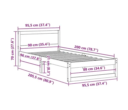 Voodi Raam Peaga Vahapruun 90 X 200 Cm Tahke Mänd