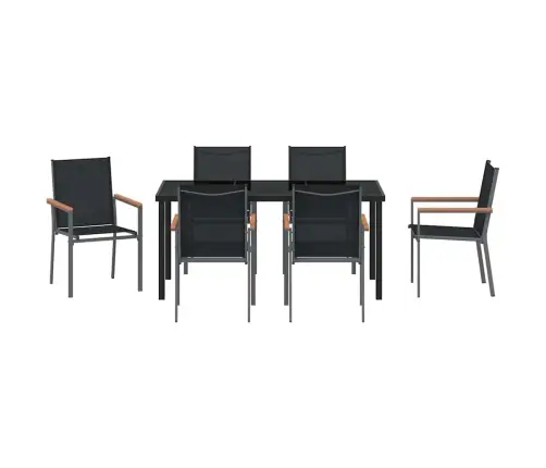 7 Daļu Dārza Galds Ar Melnu Tekstilēnu Un Tērauda Vidaxl