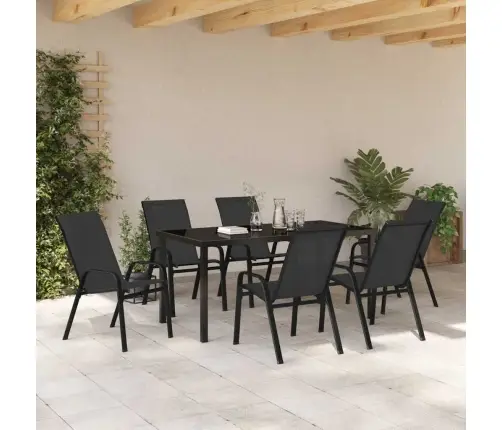7 Daļu Dārza Galdu Komplekts Melnā Tekstilēnā Un Tēraudā Vidaxl