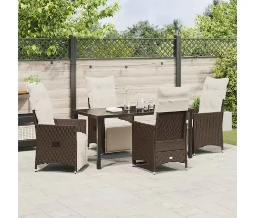 5 Gabalu Dārza Ēdamgalds Ar Spilveniem, Brūns Polirattans Vidaxl