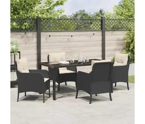 5 Gabalu Dārza Ēdamgaldu Komplekts Ar Spilveniem, Melna Polietilēna Rotangpalma Vidaxl