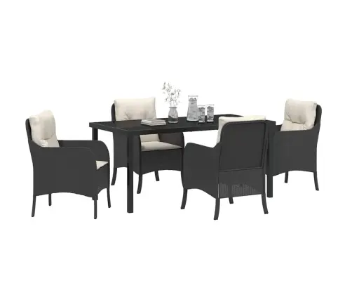 5 Gabalu Dārza Ēdamgaldu Komplekts Ar Spilveniem, Melna Polietilēna Rotangpalma Vidaxl