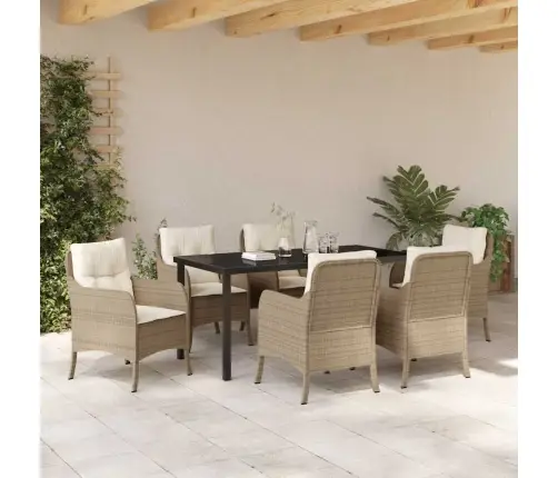 7 Daļu Dārza Ēdamgalda Komplekts Ar Spilveniem Bēšs Poli Rotangpalma Vidaxl