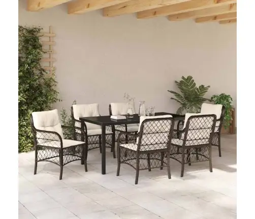 7 Gabalu Dārza Galda Komplekts Ar Spilveniem, Brūna Poliratanā. Vidaxl