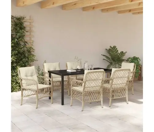 7 Daļu Dārza Ēdamgalda Komplekts Ar Spilveniem Bēšā Polirattā Vidaxl