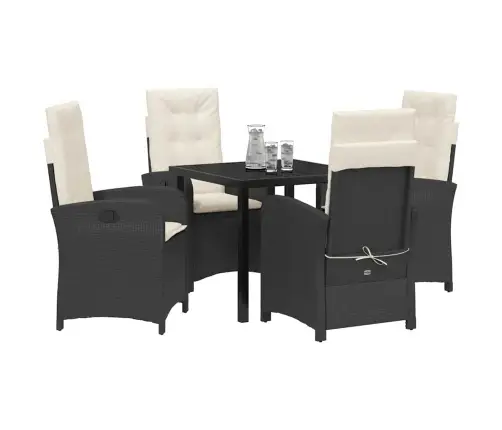 5 Gabalu Dārza Ēdamgalds Ar Spilveniem Melns Poli Rotangpalma Vidaxl