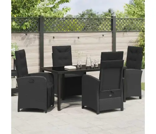 5 Daļu Dārza Ēdamgalda Komplekts Ar Spilveniem Melnā Polirattanā Vidaxl