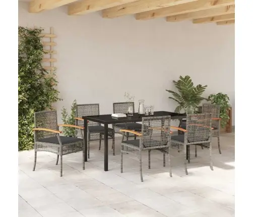 7 Daļu Dārza Ēdamgalda Komplekts Ar Spilveniem, Pelēks Polirattan Vidaxl