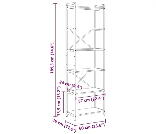 Grāmatu Skapis Sonomas Ozola 60 X 30 X 188 Cm Mdf Un Tērauds Vidaxl