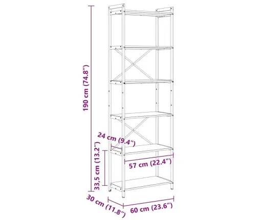 Grāmatu Skapis Pelēka Sonomas Ozola 60 X 30 X 188 Cm Vidaxl