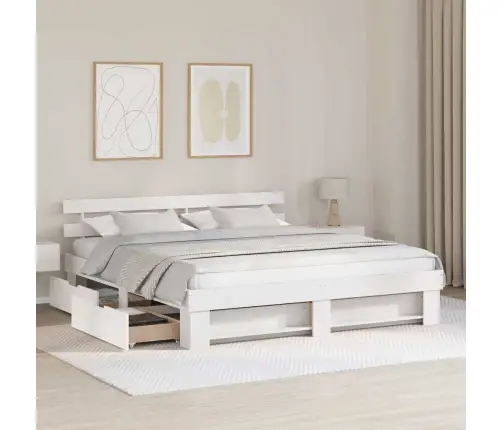 Lovos Rėmas Su Stalčių Balta 200 X 200 Cm Kietos Pušies Mediena