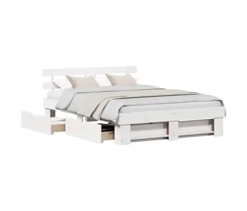 Gultas Rāmis Ar Atvilktni Ar Galvas Klāju Ar Uzglabāšanu Balts 140 X 200 Cm Priežu Koks Vidaxl