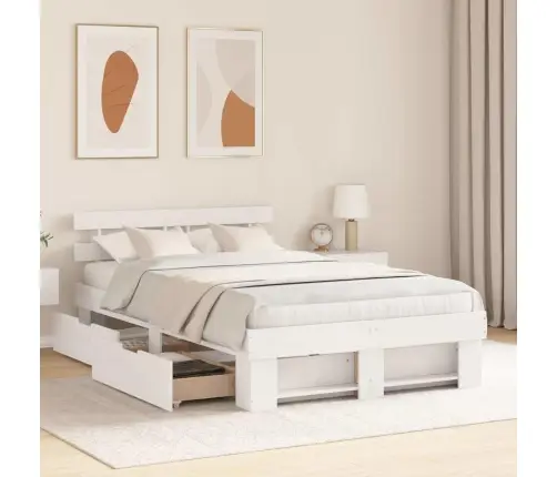 Baltā Gultas Rāmīša Ar Atvilktnēm - 135X190 Cm Cieta Priede Vidaxl