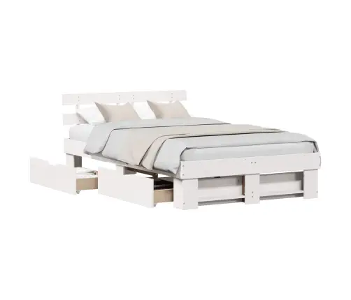 Baltā Gultas Rāmīša Ar Atvilktnēm - 135X190 Cm Cieta Priede Vidaxl