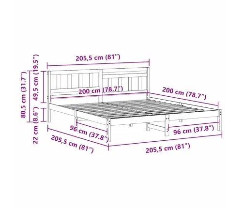 Gultas Rāmis Balts 200 X 200 Cm Masīvkoka Priede Vidaxl