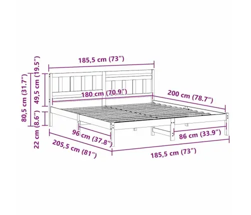 Gultas Rāmis Vaska Brūna 180 X 200 Cm Masīvkoka Priede Vidaxl