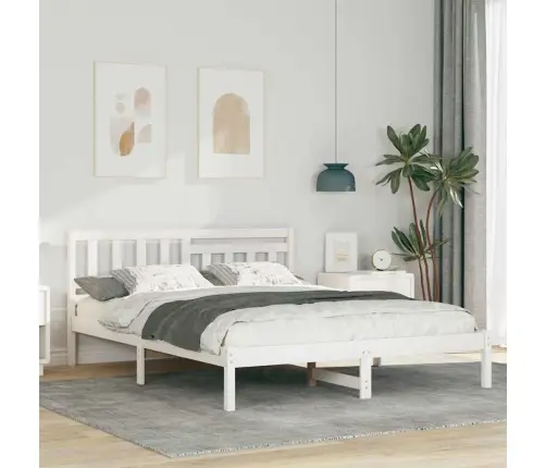 Voodi Raam Peaga Valge 150 X 200 Cm Tahke Mänd