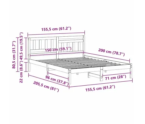 Voodi Raam Peaga Valge 150 X 200 Cm Tahke Mänd