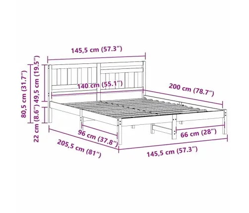 Gultas Rāmis Balts 140 X 200 Cm Masīvkoka Priede Vidaxl