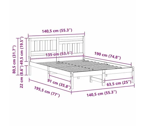 Gultas Rāmis Brūna 135 X 190 Cm Masīvkoka Priede Vidaxl